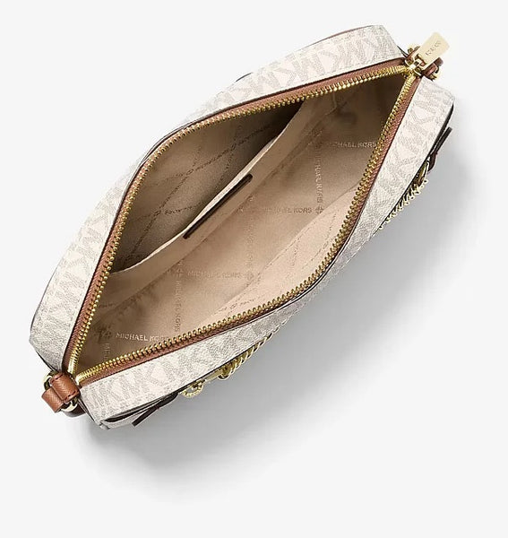 Crossbody MK vainilla monograma con cadena dorada