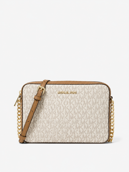 Crossbody MK rectangular vainilla correa dorada/café