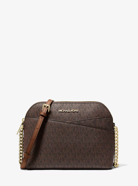 Crossbody MK café monograma letras y cadena dorada